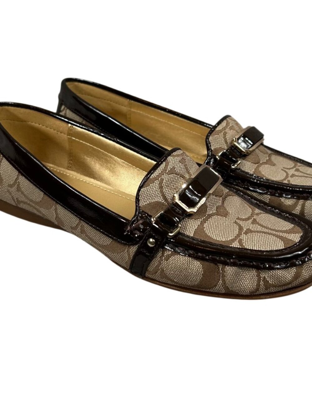 Coach Flynn Khaki Brown Patent Leather Trim Driving Loafer Shoes Size 8